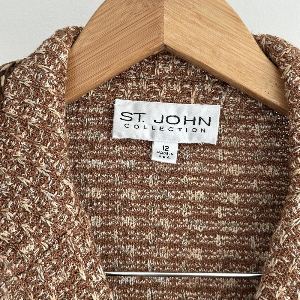 St John Tweed Jacket 12 Brown Textured Knit Gold Button Fringe Equestrian Luxury - Picture 12 of 16